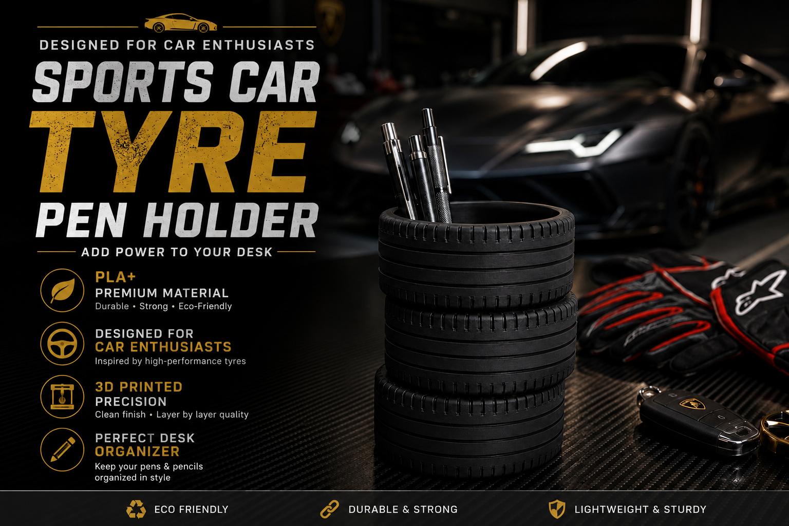Sports Car Tire Pen Holder – Modern Desk Organizer for Pens, Pencils & Office Accessories